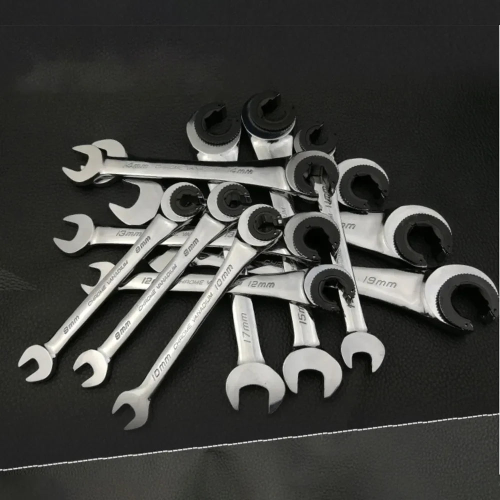 12PCS Gears Ring Wrench Tubing Ratchet Combination Wrenches Set with Open Flex-Head 8-19 MM Oil Spanners Hand Tools