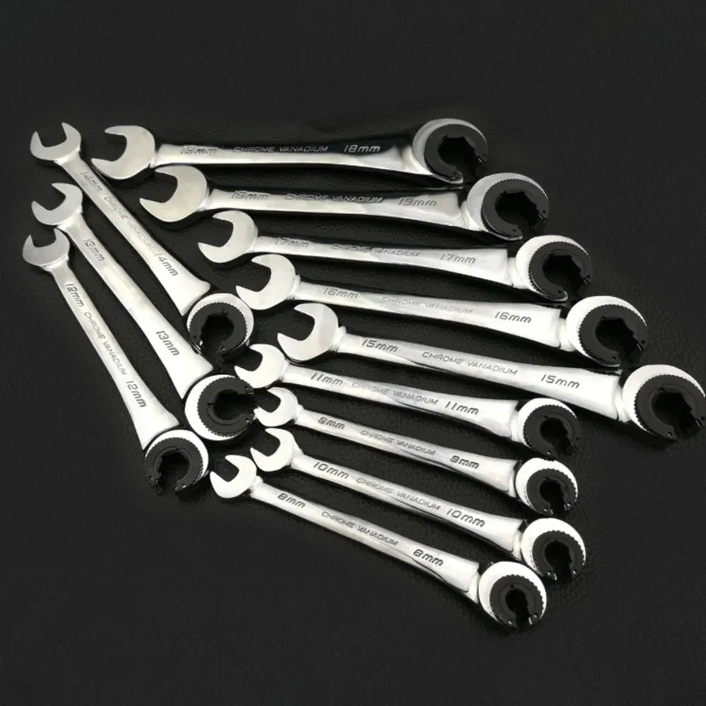 12PCS Gears Ring Wrench Tubing Ratchet Combination Wrenches Set with Open Flex-Head 8-19 MM Oil Spanners Hand Tools